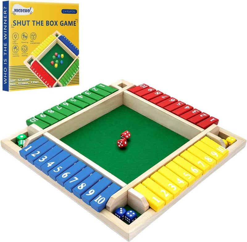 Nicecho Shut The Box Game, 12 Inches Family Wooden Board Table Math Dice Games for Adults and Kids, 2-4 Player Classics Tabletop Version Games for Classroom,Home,Party or Pub - Image 1